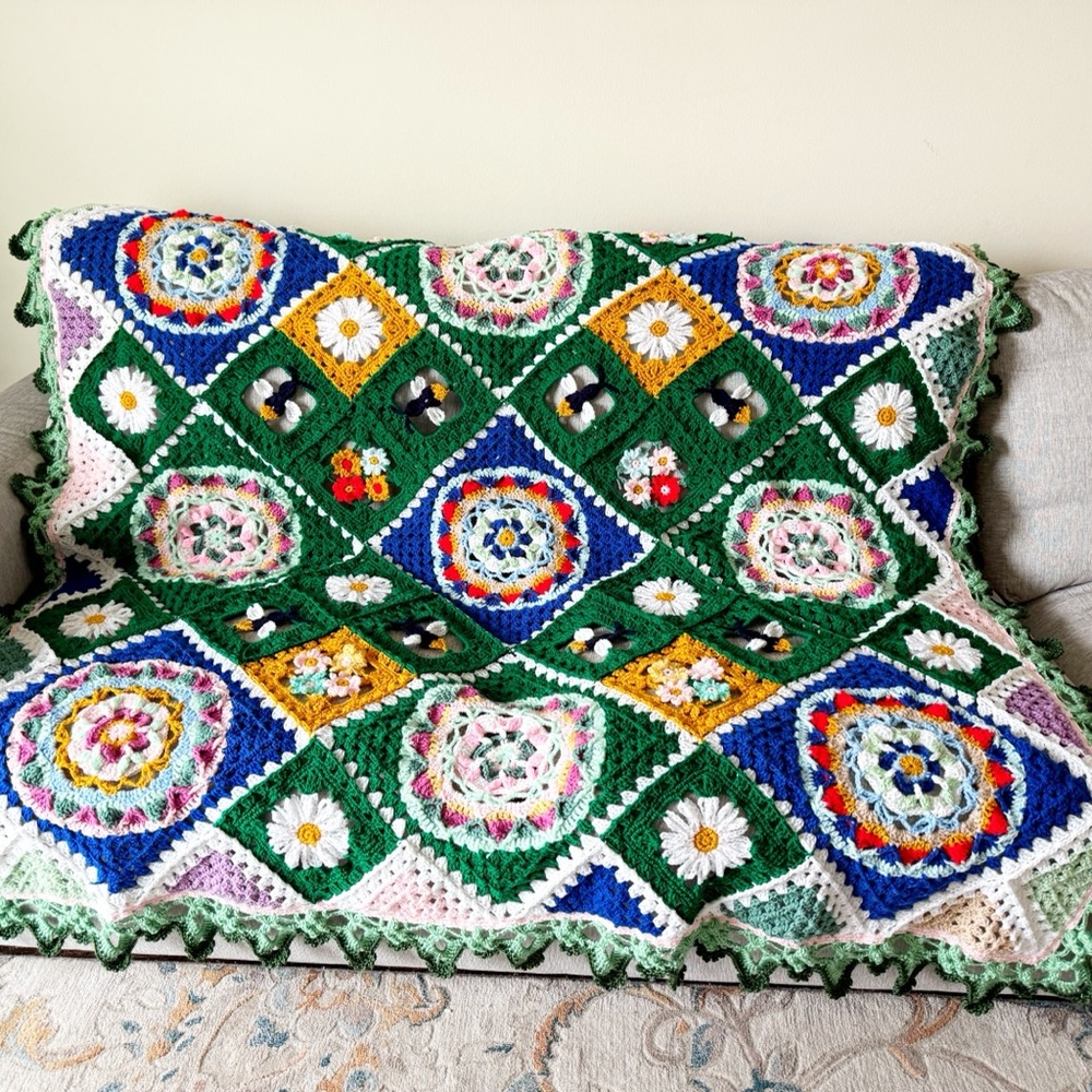 Secret garden style floral granny afghan Handmade Crochet blanket 75” x …